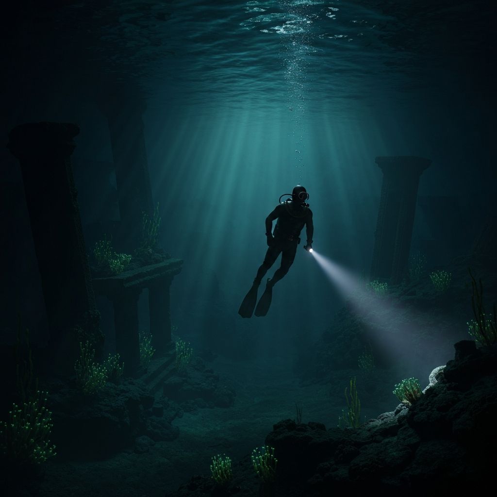 Deep sea underwater ruins with bioluminescent glow